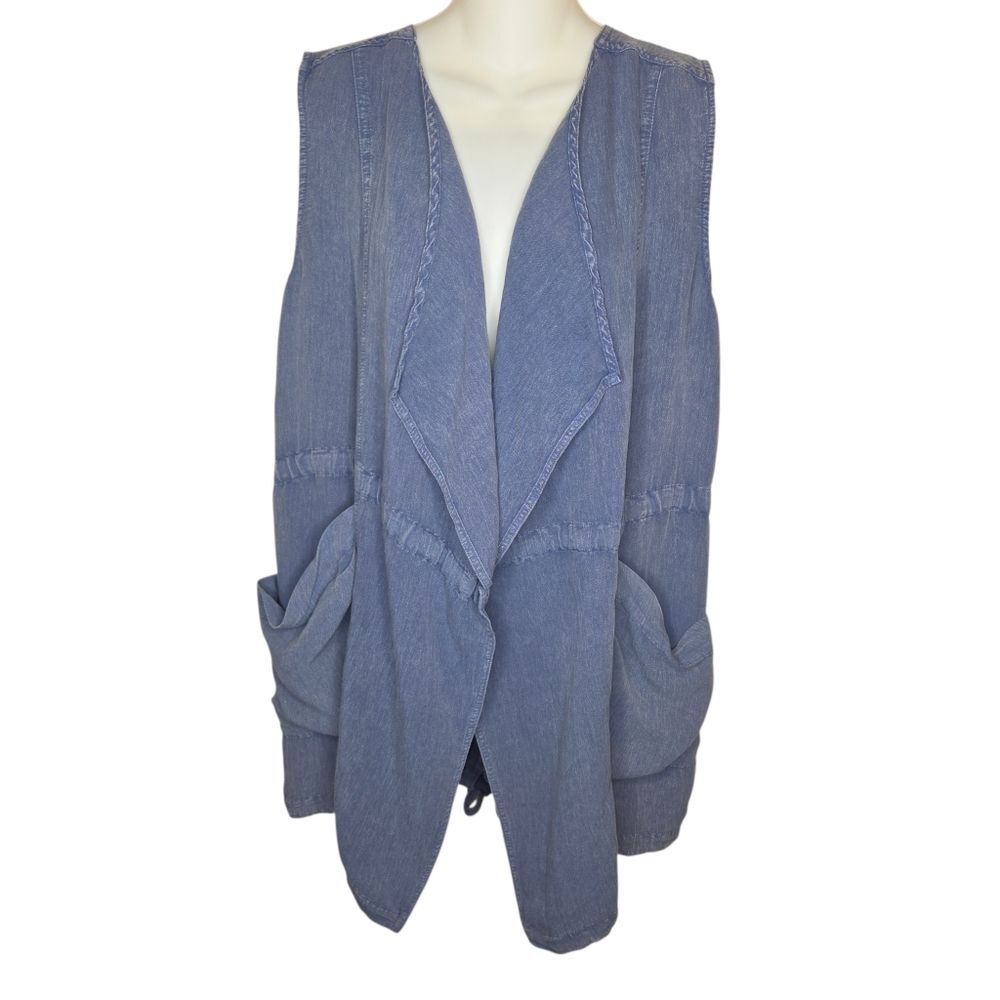 Umgee Open-Front Drape Chambray Utility Vest, Size Large